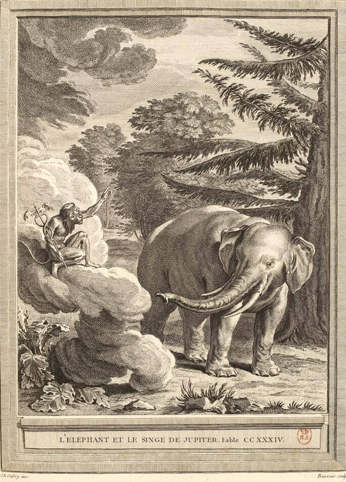 L'Éléphant et Le Singe de Jupiter de Jean de La Fontaine dans Les Fables - Gravure par Nicolas-Dauphin de Beauvais d'après un dessin de Jean-Baptiste Oudry - 1759