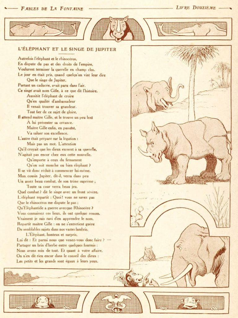 L'Éléphant et Le Singe de Jupiter de Jean de La Fontaine dans Les Fables - Illustration de Benjamin Rabier - 1906