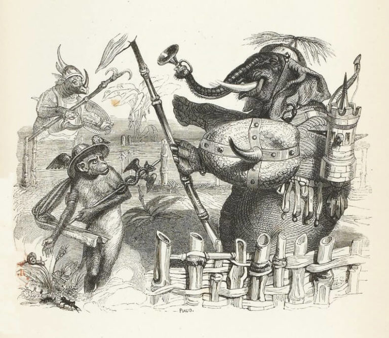 L'Éléphant et Le Singe de Jupiter de Jean de La Fontaine dans Les Fables - Illustration de Grandville - 1840