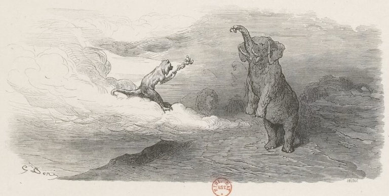 L'Éléphant et Le Singe de Jupiter de Jean de La Fontaine dans Les Fables - Illustration de Gustave Doré - 1876