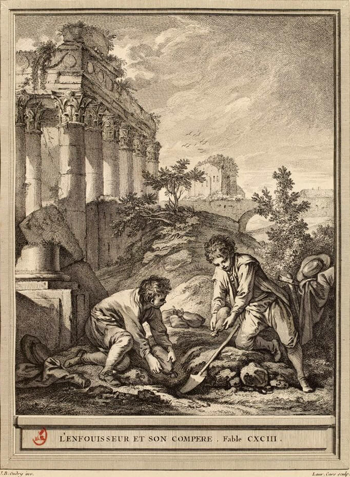 L'Enfouisseur et Son Compère de Jean de La Fontaine dans Les Fables - Gravure par Laurent Cars d'après un dessin de Jean-Baptiste Oudry - 1759