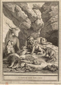 La Cour du Lion de Jean de La Fontaine dans Les Fables - Gravure par Martin Marvie d'après un dessin de Jean-Baptiste Oudry - 1759
