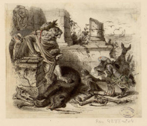 La Cour du Lion de Jean de La Fontaine dans Les Fables - Illustration de Grandville - Bibliothèque de Nancy - 1840