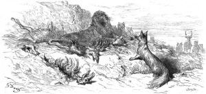 La Cour du Lion de Jean de La Fontaine dans Les Fables - Illustration de Gustave Doré - 1876