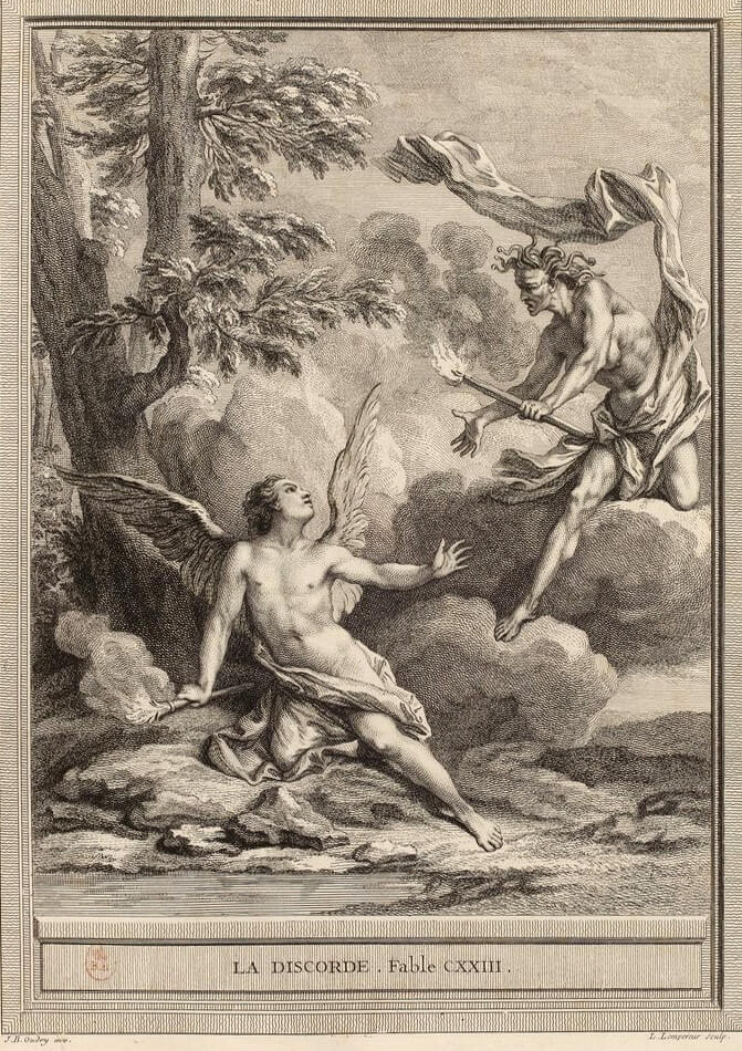 La Discorde de Jean de La Fontaine dans Les Fables - Gravure par Louis-Simon Lempereur d'après un dessin de Jean-Baptiste Oudry - 1759