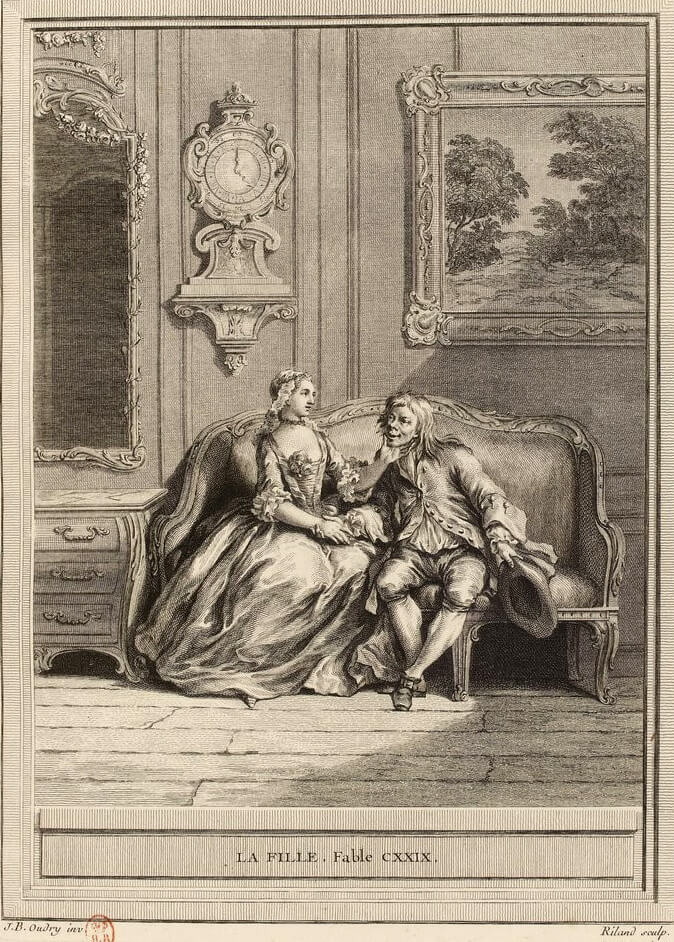 La Fille de Jean de La Fontaine dans Les Fables - Gravure par Ryland d'après un dessin de Jean-Baptiste Oudry - 1759