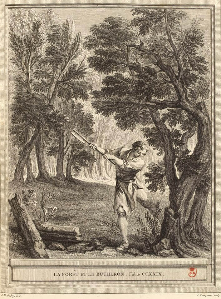 La Forêt et Le Bûcheron de Jean de La Fontaine dans Les Fables - Gravure par Louis-Simon Lempereur d'après un dessin de Jean-Baptiste Oudry - 1759