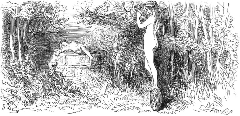 La Fortune et Le Jeune Enfant de Jean de La Fontaine dans Les Fables - Gravure de Gustave Doré - 1876