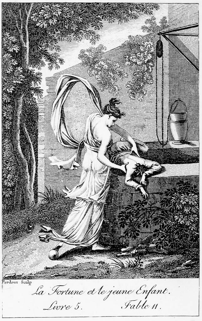 La Fortune et Le Jeune Enfant de Jean de La Fontaine dans Les Fables - Gravure de Joseph Perdoux - 18ème siècle