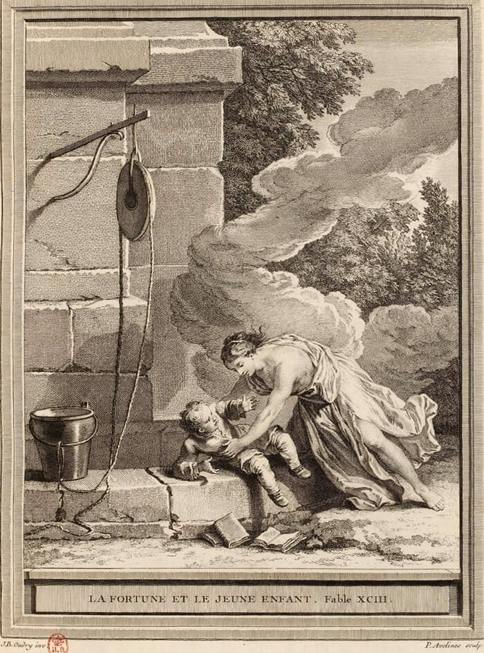 La Fortune et Le Jeune Enfant de Jean de La Fontaine dans Les Fables - Gravure par Pierre-Alexandre Aveline d'après un dessin de Jean-Baptiste Oudry - 1759