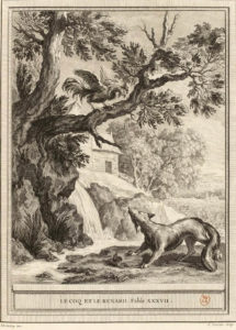 Le Coq et Le Renard de Jean de La Fontaine dans Les Fables - Gravure par Jean Ouvrier d'après un dessin de Jean-Baptiste Oudry - 1759