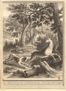 Le Corbeau, La Gazelle, La Tortue et Le Rat de Jean de La Fontaine dans Les Fables - Gravure par Louis Legrand d'après un dessin de Jean-Baptiste Oudry - 1759