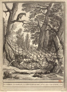 Le Corbeau, La Gazelle, La Tortue et Le Rat de Jean de La Fontaine dans Les Fables - Gravure par Pierre Chenu d'après un dessin de Jean-Baptiste Oudry - 1759