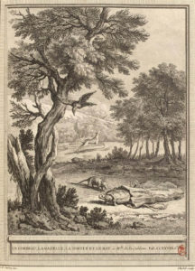 Le Corbeau, La Gazelle, La Tortue et Le Rat de Jean de La Fontaine dans Les Fables - Gravure par Pierre Quentin Chedel d'après un dessin de Jean-Baptiste Oudry - 1759