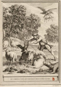 Le Corbeau Voulant Imiter l'Aigle de Jean de La Fontaine dans Les Fables - Gravure par Charles-Nicolas Cochin et René Gaillard d'après un dessin de Jean-Baptiste Oudry - 1759