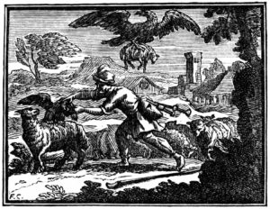Le Corbeau Voulant Imiter l'Aigle de Jean de La Fontaine dans Les Fables - Illustration de François Chauveau - 1688