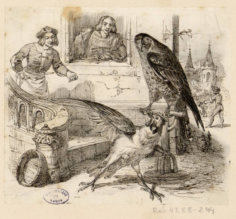 Le Faucon et Le Chapon de Jean de La Fontaine dans Les Fables - Illustration de Grandville - 1840