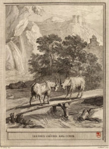 Les Deux Chèvres de Jean de La Fontaine dans Les Fables - Gravure par Claude Olivier Gallimard d'après un dessin de Jean-Baptiste Oudry - 1759