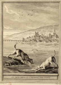 Les Deux Chiens et l'Âne Mort de Jean de La Fontaine dans Les Fables - Gravure par Jacques Ménil d'après un dessin de Jean-Baptiste Oudry - 1759