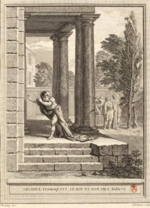 Les Deux Perroquets, Le Roi et Son Fils de Jean de La Fontaine dans Les Fables - Gravure par Antoine Radigues d'après un dessin de Jean-Baptiste Oudry - 1759