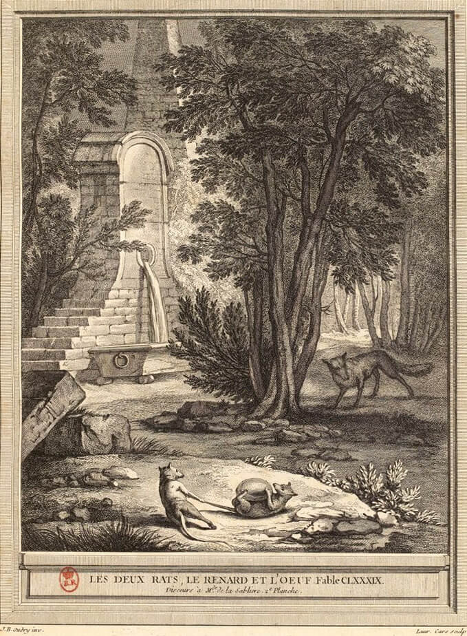 Les Deux Rats, Le Renard et l'Œuf de Jean de La Fontaine dans Les Fables - Gravure par Laurent Cars d'après un dessin de Jean-Baptiste Oudry - 1759