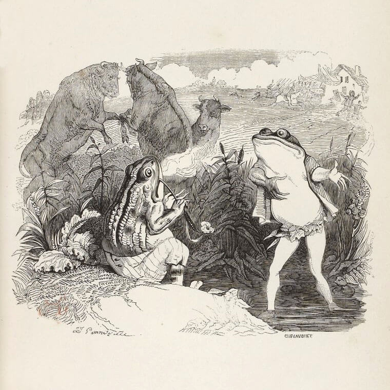 Les Deux Taureaux et Une Grenouille de Jean de La Fontaine dans Les Fables - Illustration de Grandville - 1840