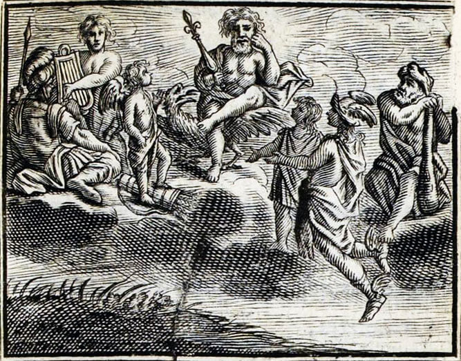 Les Dieux Voulant Instruire Un Fils de Jupiter de Jean de La Fontaine dans Les Fables - Illustration de François Chauveau - 1688
