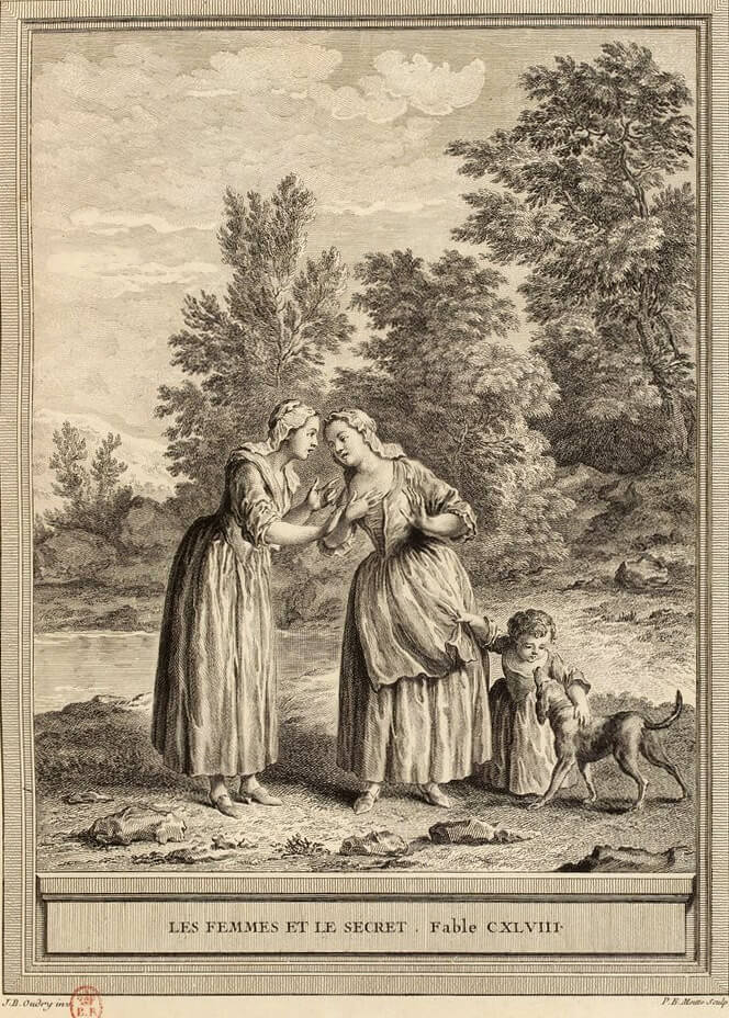 Les Femmes et Le Secret de Jean de La Fontaine dans Les Fables - Gravure par Pierre-Étienne Moitte d'après un dessin de Jean-Baptiste Oudry - 1759