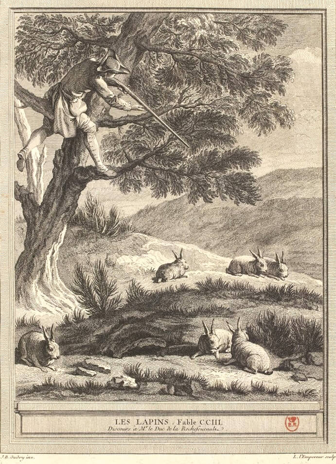 Les Lapins de Jean de La Fontaine dans Les Fables - Gravure par Louis-Simon Lempereur d'après un dessin de Jean-Baptiste Oudry - 1759