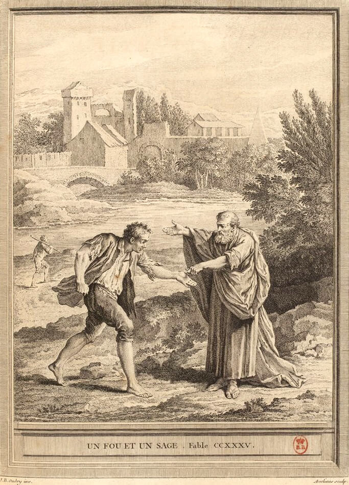 Un Fou et Un Sage de Jean de La Fontaine dans Les Fables - Gravure par Pierre-Alexandre Aveline d'après un dessin de Jean-Baptiste Oudry - 1759