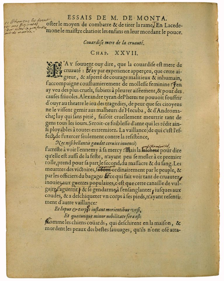 Couardise Mère de La Cruauté de Michel de Montaigne - Essais - Livre 2 Chapitre 27 - Édition de Bordeaux - 001