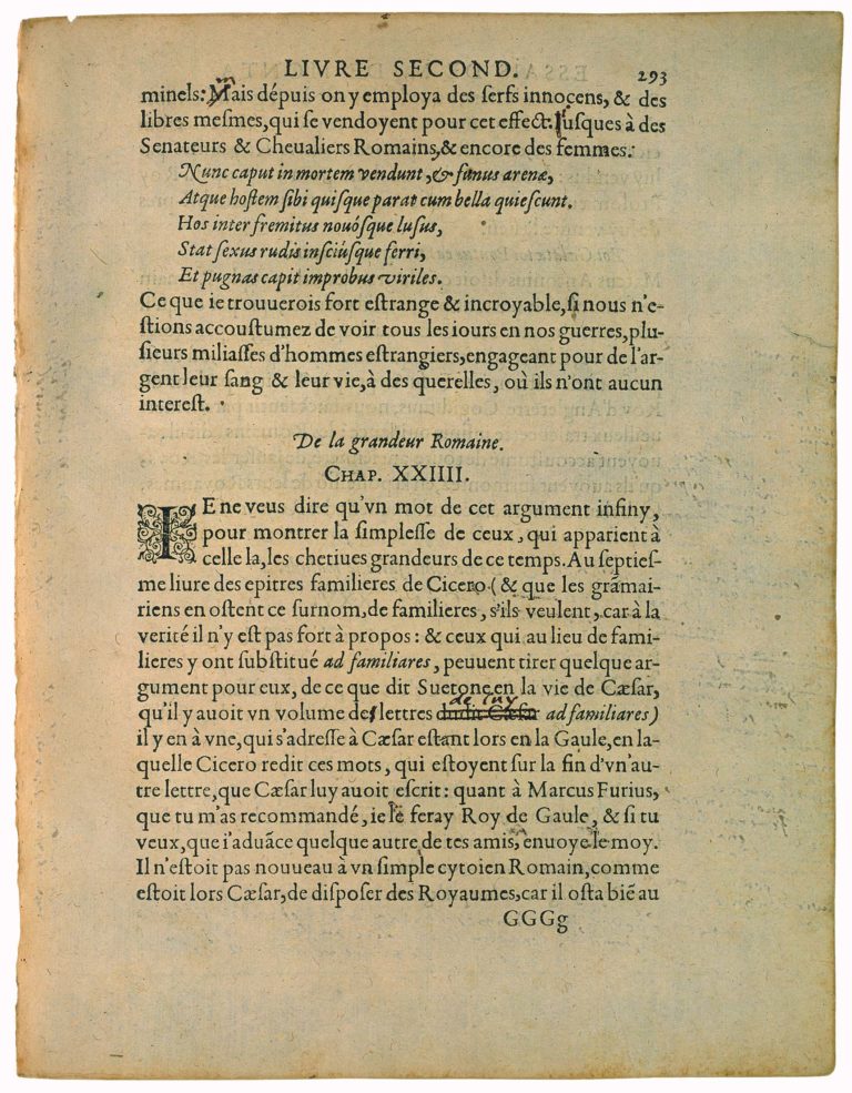 De La Grandeur Romaine de Michel de Montaigne - Essais - Livre 2 Chapitre 24 - Édition de Bordeaux - 001