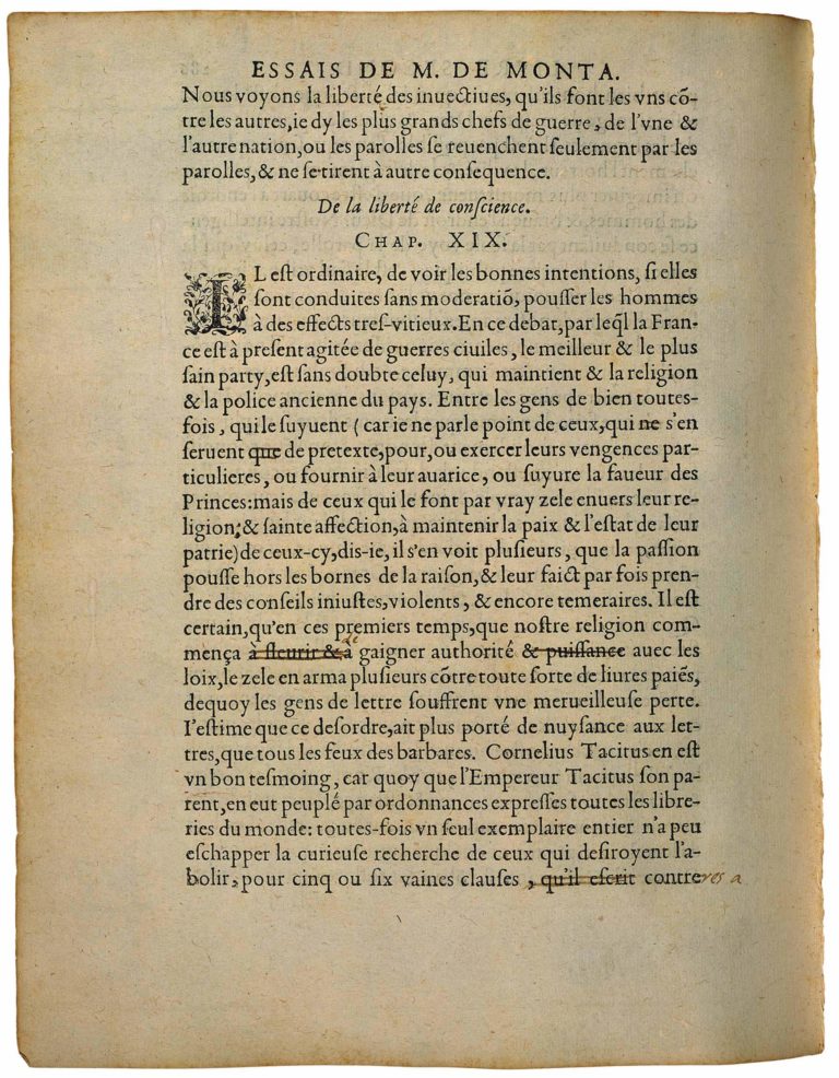 De La Liberté de Conscience de Michel de Montaigne - Essais - Livre 2 Chapitre 19 - Édition de Bordeaux - 001