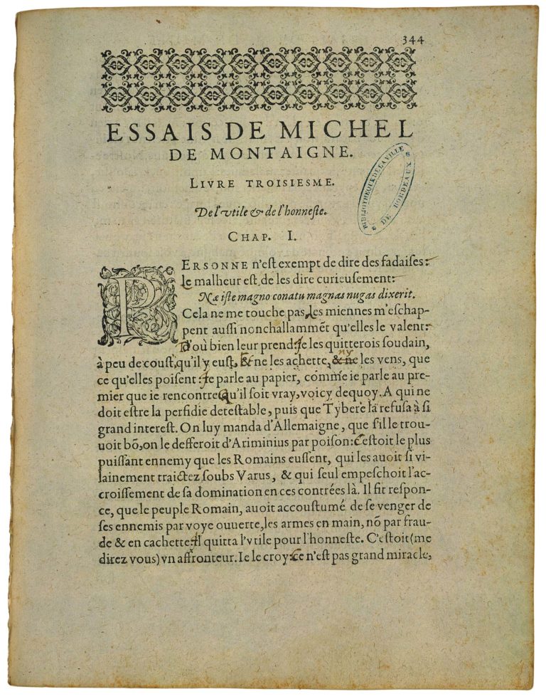 De l’Utile et De l’Honneste de Michel de Montaigne - Essais - Livre 3 Chapitre 1 - Édition de Bordeaux - 001