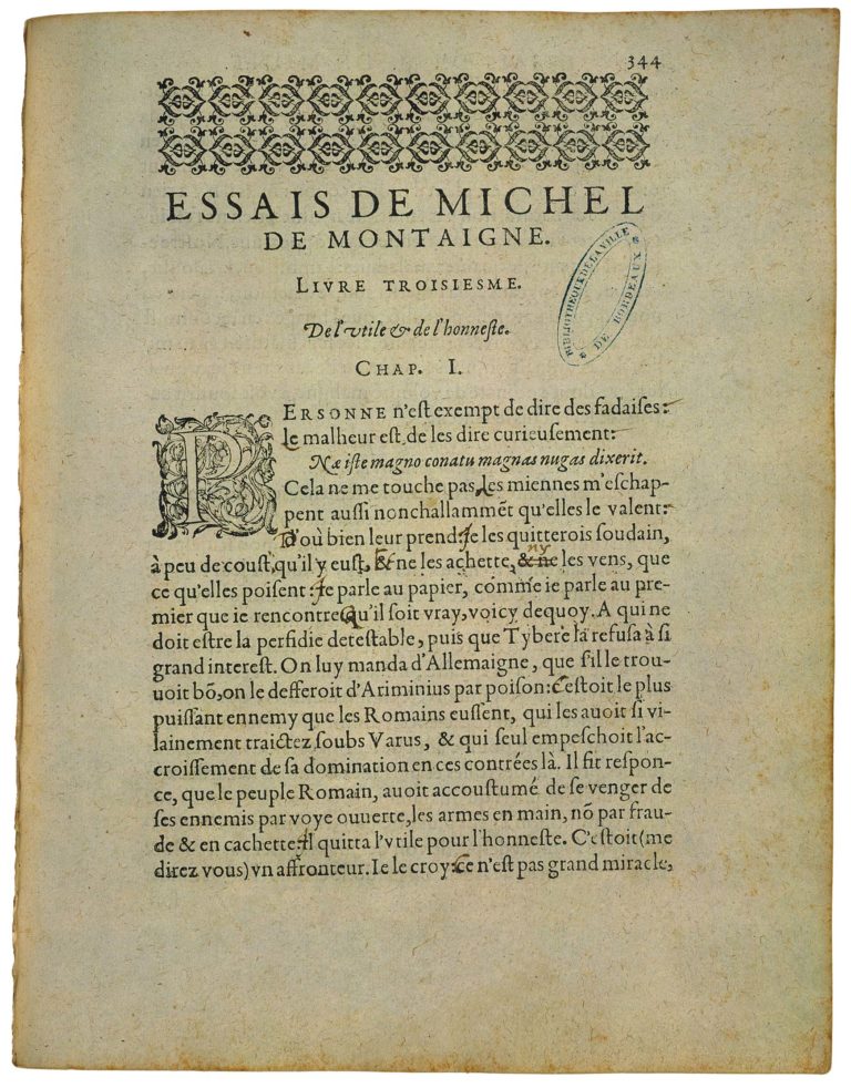 De l’Utile et De l’Honneste de Michel de Montaigne - Essais - Livre 3 Chapitre 1 - Édition de Bordeaux - 001