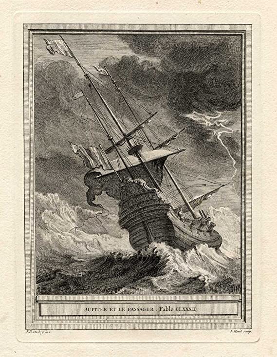 Jupiter et Le Passager de Jean de La Fontaine dans Les Fables - Gravure d'après un dessin de Jean-Baptiste Oudry - 1759
