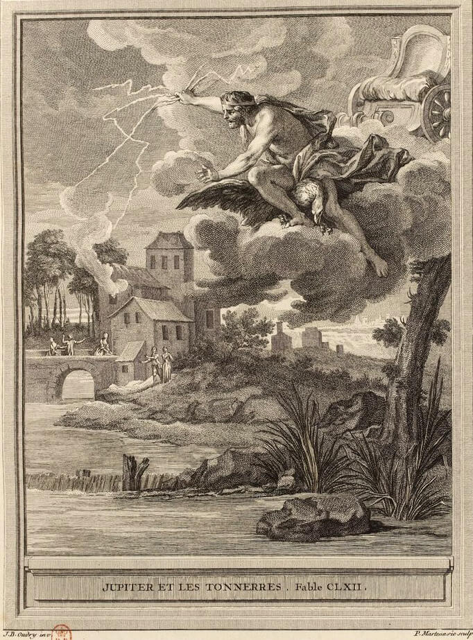 Jupiter et Les Tonnerres de Jean de La Fontaine dans Les Fables - Gravure par Pieter Franciscus Martinisie d'après un dessin de Jean-Baptiste Oudry - 1759