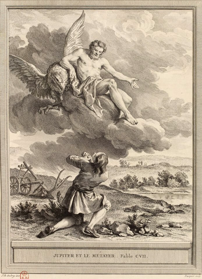 Jupiter et le Métayer de Jean de La Fontaine dans Les Fables - Gravure par Jacques Jean Pasquier d'après un dessin de Jean-Baptiste Oudry - 1759