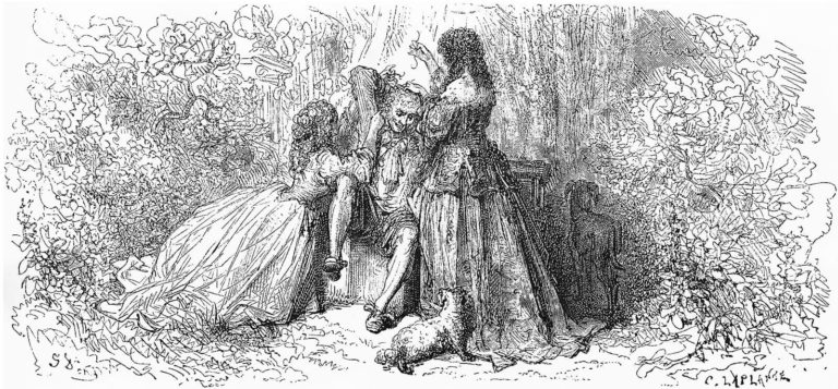 L’Homme Entre Deux Âges et Ses Deux Maîtresses de Jean de La Fontaine dans Les Fables - Gravure de Gustave Doré - 1876