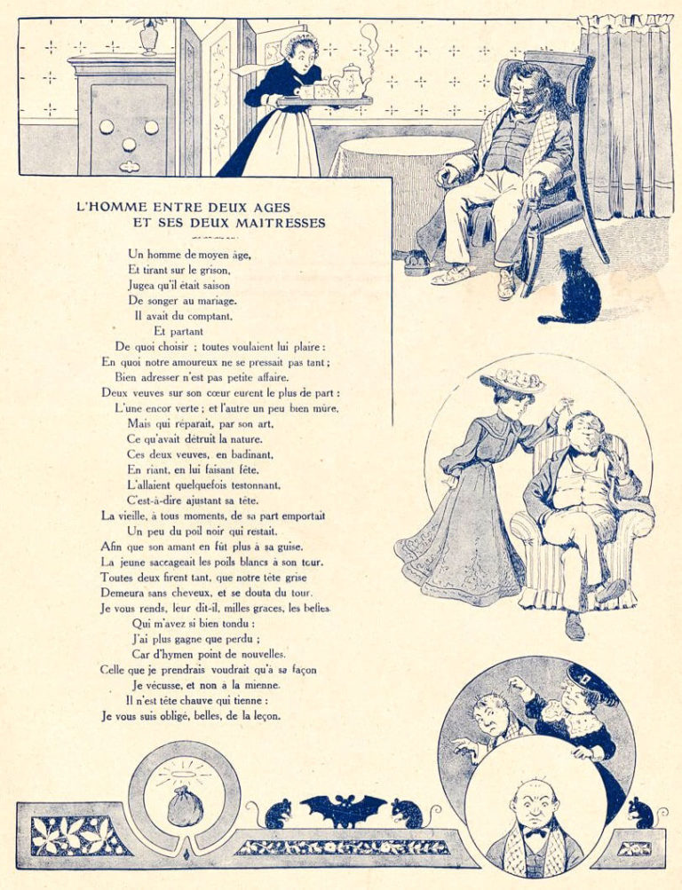 L’Homme Entre Deux Âges et Ses Deux Maîtresses de Jean de La Fontaine dans Les Fables - Illustration de Benjamin Rabier - 1906