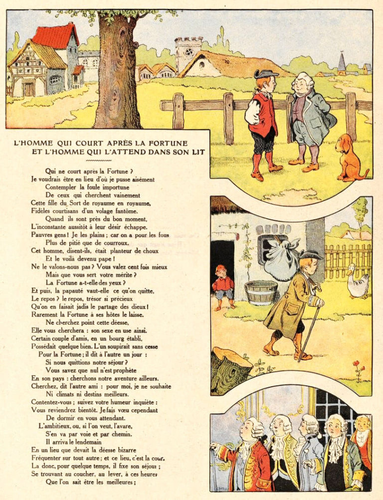 L’Homme Qui Court Après La Fortune, et l’Homme Qui l’Attend Dans Son Lit de Jean de La Fontaine dans Les Fables - Illustration de Benjamin Rabier - Page 1 sur 2 - 1906