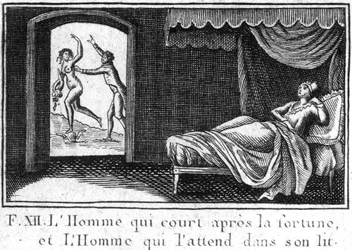 L’Homme Qui Court Après La Fortune, et l’Homme Qui l’Attend Dans Son Lit de Jean de La Fontaine dans Les Fables - Illustration de François Chauveau - 1688