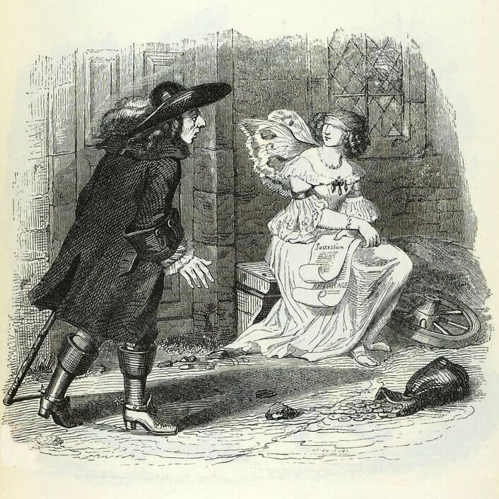 L’Homme Qui Court Après La Fortune, et l’Homme Qui l’Attend Dans Son Lit de Jean de La Fontaine dans Les Fables - Illustration de Grandville - 1840