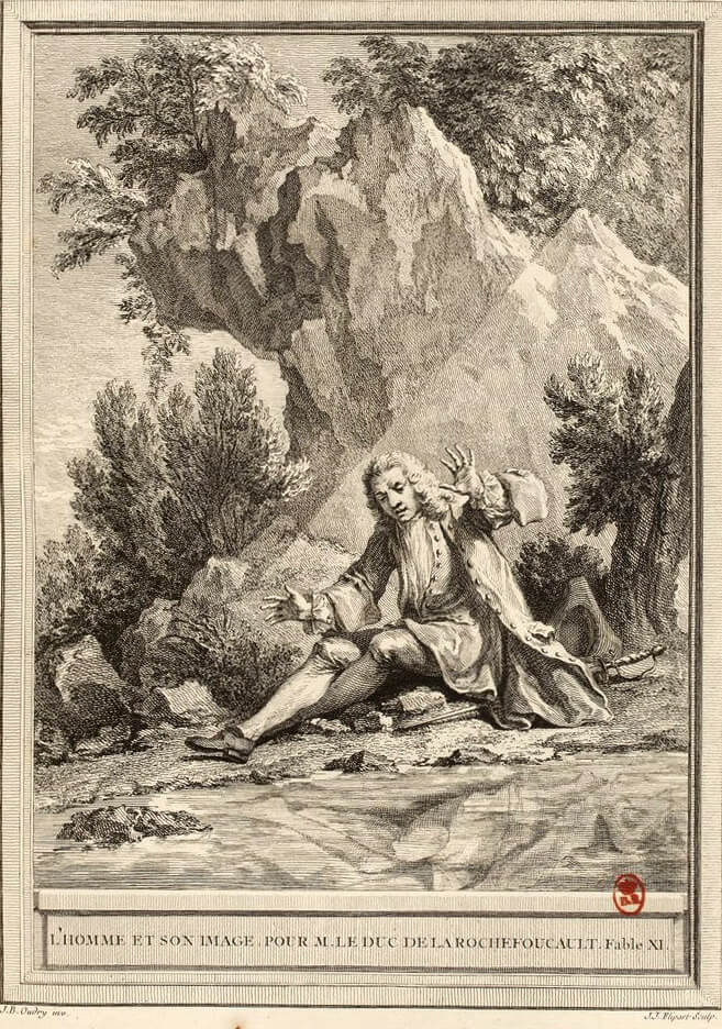 L’Homme et Son Image de Jean de La Fontaine dans Les Fables - Gravure par Jean-Jacques Flipart d'après un dessin de Jean-Baptiste Oudry - 1759