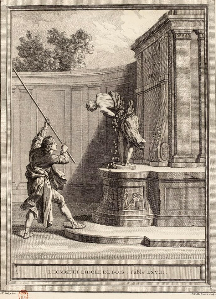 L’Homme et l’Idole de Bois de Jean de La Fontaine dans Les Fables - Gravure par Pieter Franciscus Martenisie d'après un dessin de Jean-Baptiste Oudry - 1759