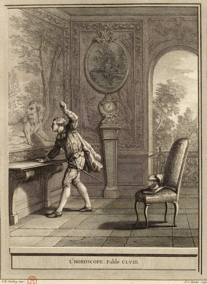 L’Horoscope de Jean de La Fontaine dans Les Fables - Gravure par Johann Christoph Teucher d'après un dessin de Jean-Baptiste Oudry - 1759