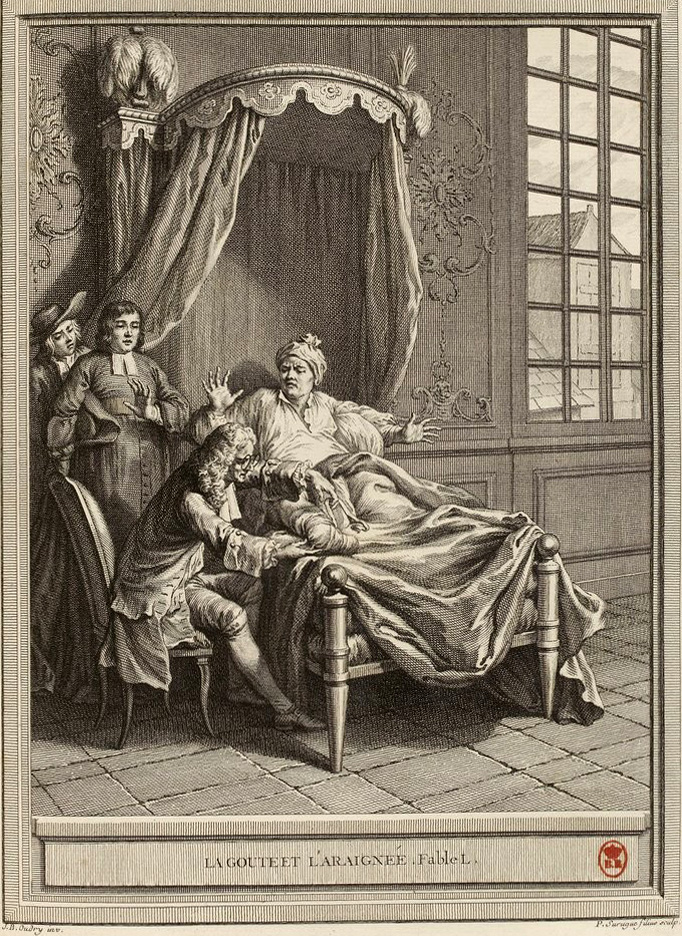 La Goutte et l'Araignée de Jean de La Fontaine dans Les Fables - Gravure par Pierre-Louis Surugue d'après un dessin de Jean-Baptiste Oudry - 1759
