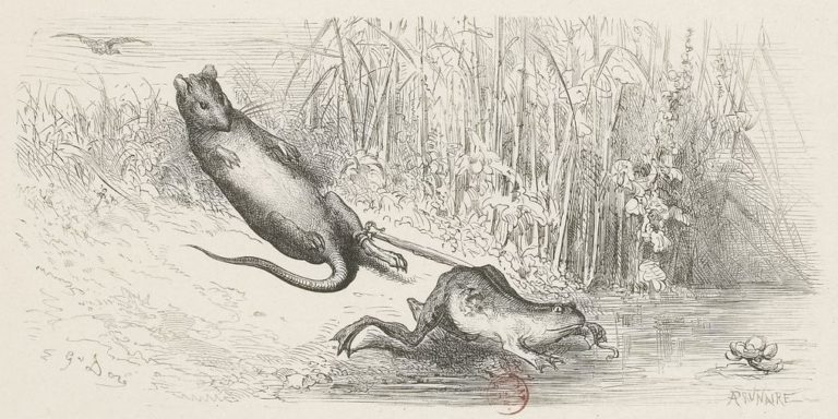 La Grenouille et Le Rat de Jean de La Fontaine dans Les Fables - Gravure de Gustave Doré - 1876