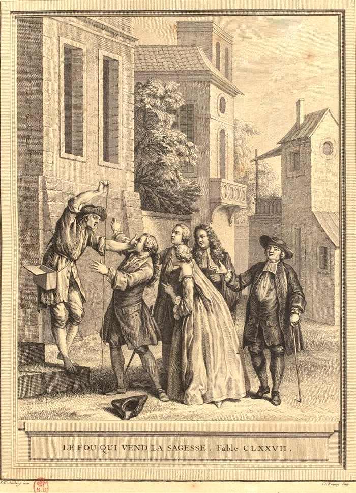 Le Fou qui Vend La Sagesse de Jean de La Fontaine dans Les Fables - Gravure par Charles Baquoy d'après un dessin de Jean-Baptiste Oudry - 1759