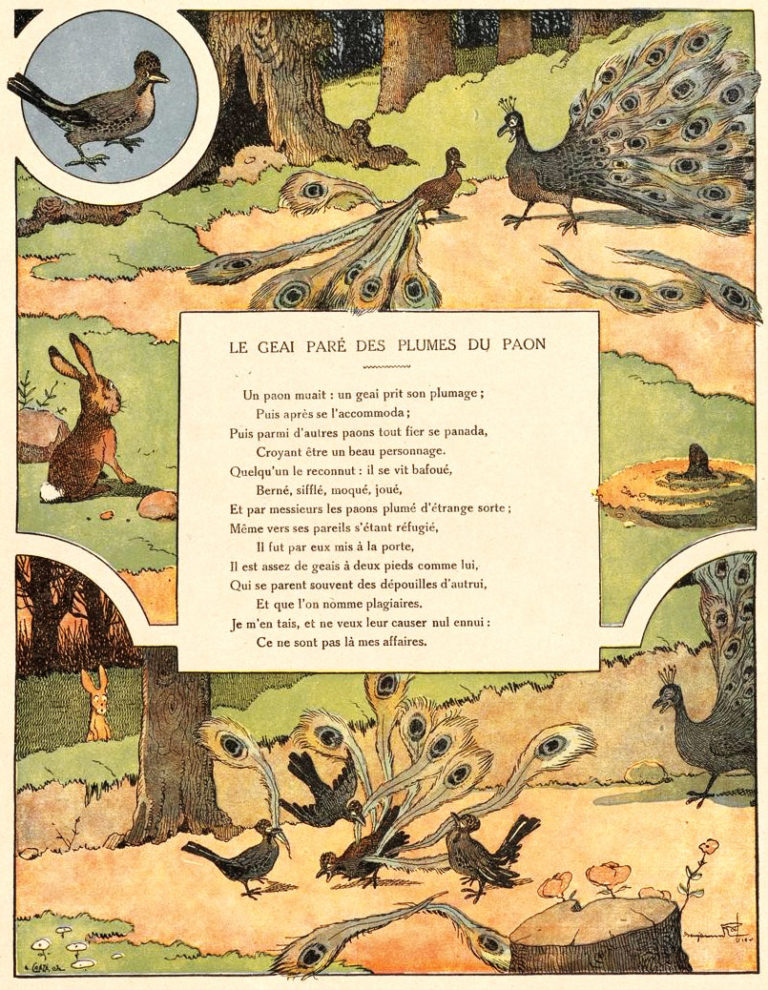 Le Geai Paré des Plumes du Paon de Jean de La Fontaine dans Les Fables - Illustration de Benjamin Rabier - 1906